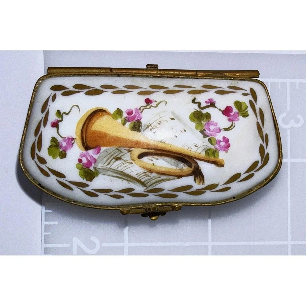 Antique Sevres Style Porcelain Kidney Trinket Box Hand Painted Musical Trophy